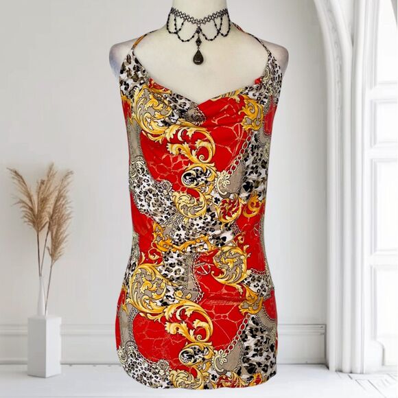 Y2K Boho Red Gold Paisley Low Cowl Neck Made in USA Halter Top Sz M - Picture 1 of 8